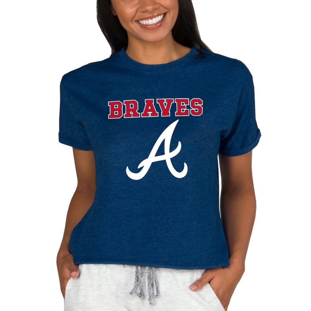 Atlanta Braves Concepts Sport Women's Tri-Blend Mainstream Terry Short Sleeve Sweatshirt Top - Navy