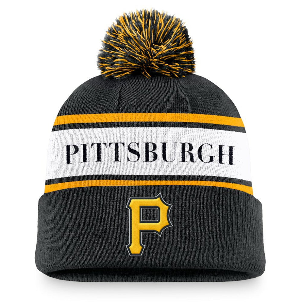 Pittsburgh Pirates Team Stripe Peak Cuffed Knit Hat with Pom - Black | Nike