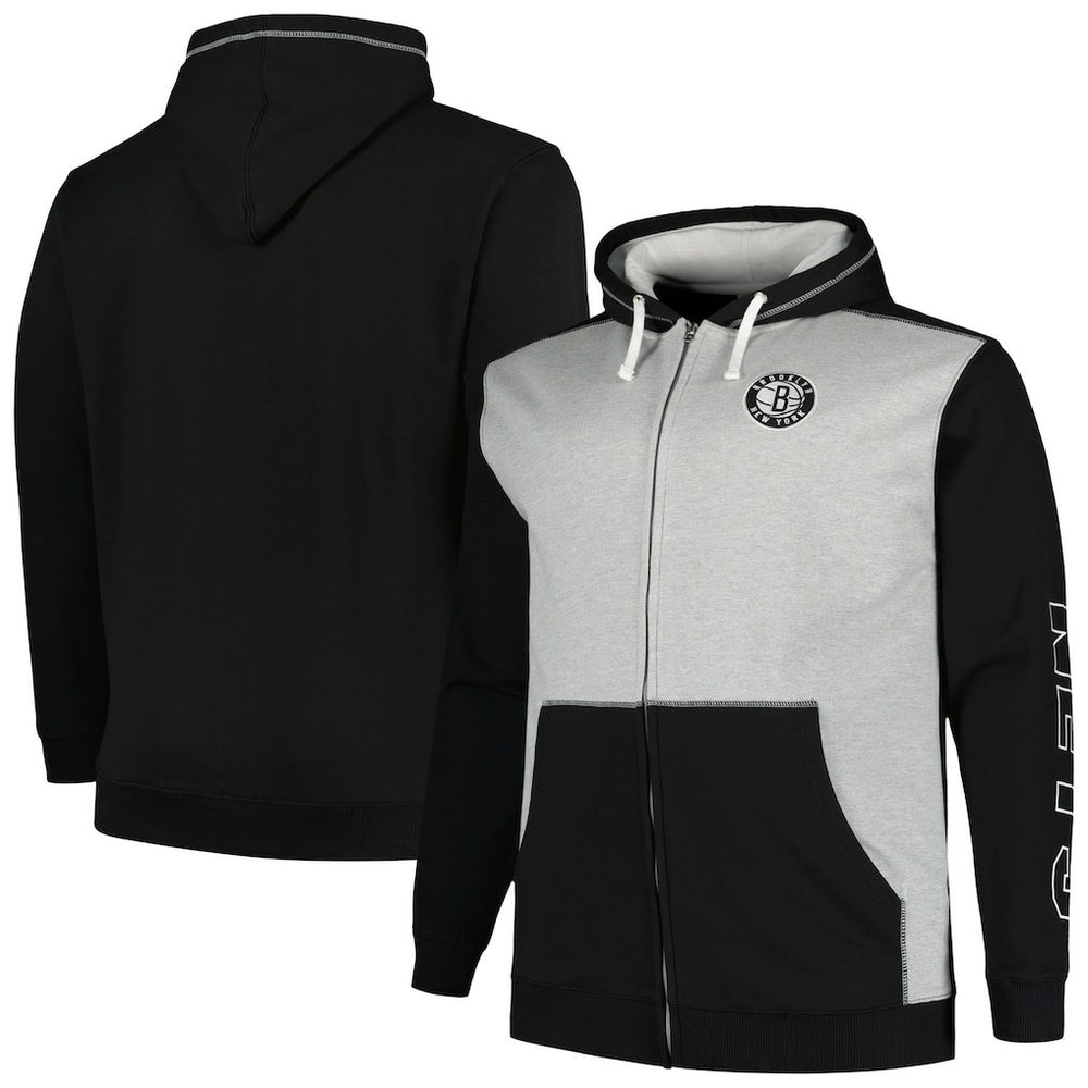 Brooklyn Nets Big & Tall Contrast Pieced Stitched Full-Zip Hoodie - Black/Heather Gray | Fanatics online