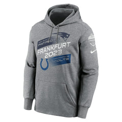 New England Patriots vs. Indianapolis Colts 2023 Frankfurt Game Pullover Hoodie - Heather Charcoal | Nike on sale
