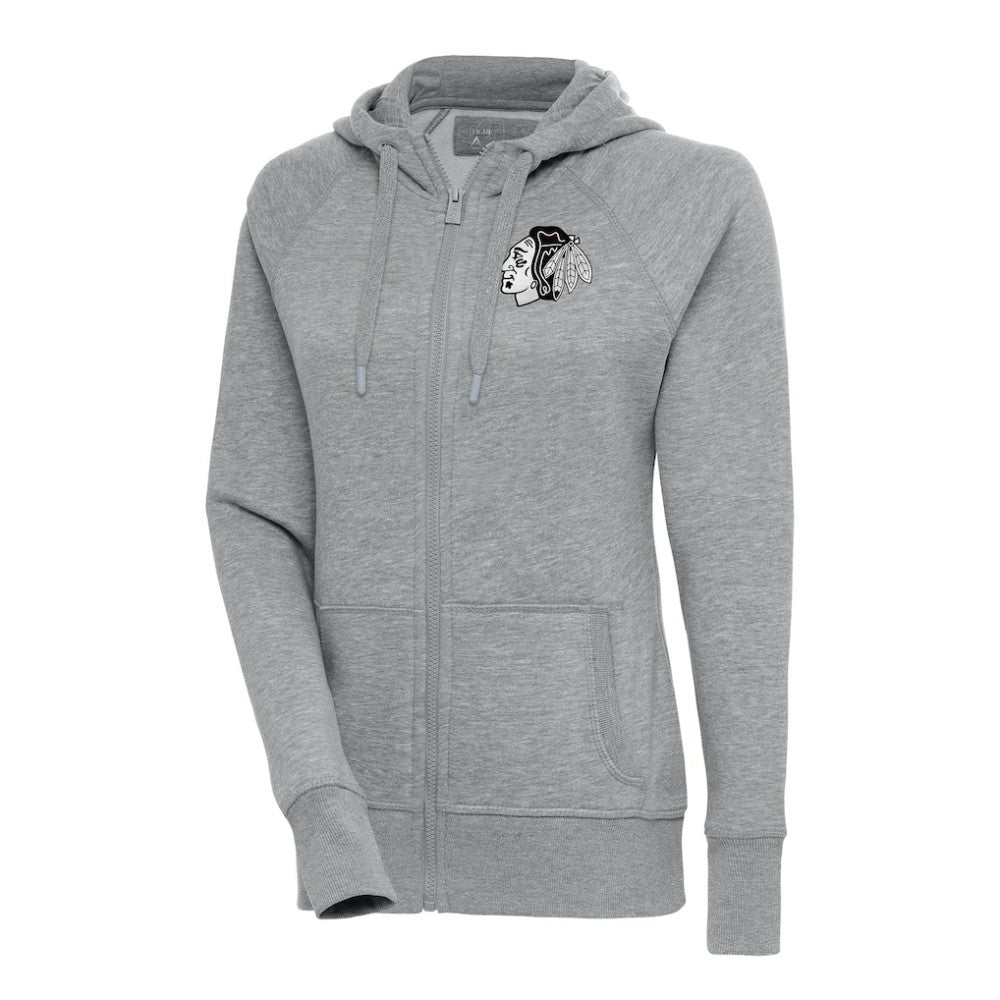 Chicago Blackhawks Antigua Women's Metallic Logo Victory Full-Zip Hoodie Heather Gray