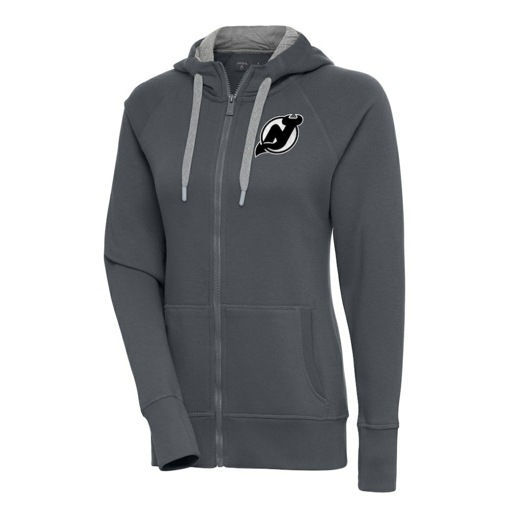 New Jersey Devils Antigua Women's Metallic Logo Victory Full-Zip Hoodie Charcoal