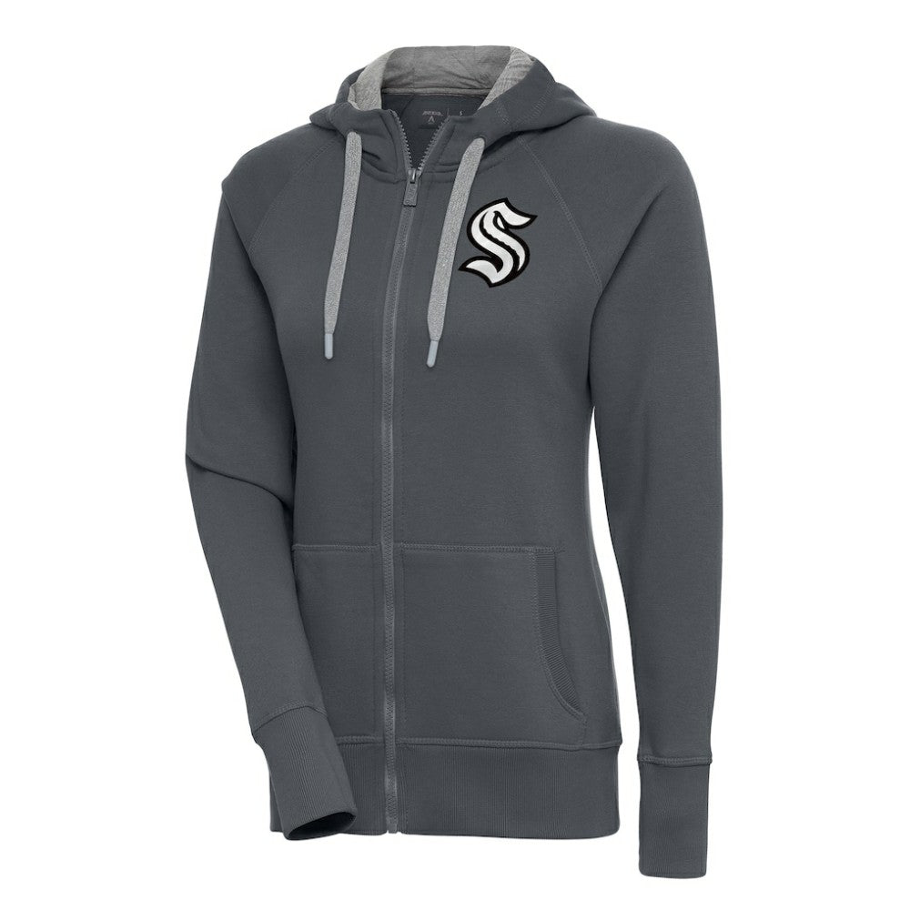 Seattle Kraken Antigua Women's Metallic Logo Victory Full-Zip Hoodie Charcoal