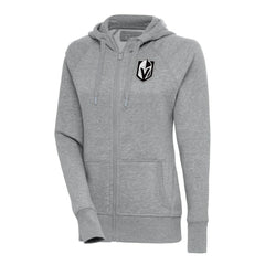 Vegas Golden Knights Antigua Women's Metallic Logo Victory Full-Zip Hoodie Heather Gray