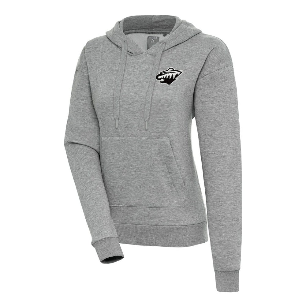 Minnesota Wild Antigua Women's Metallic Logo Victory Pullover Hoodie Heather Gray