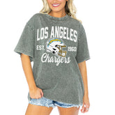 Los Angeles Chargers Gameday Couture Women's Tackle Titan Boyfriend Washed T-Shirt - Gray for sale