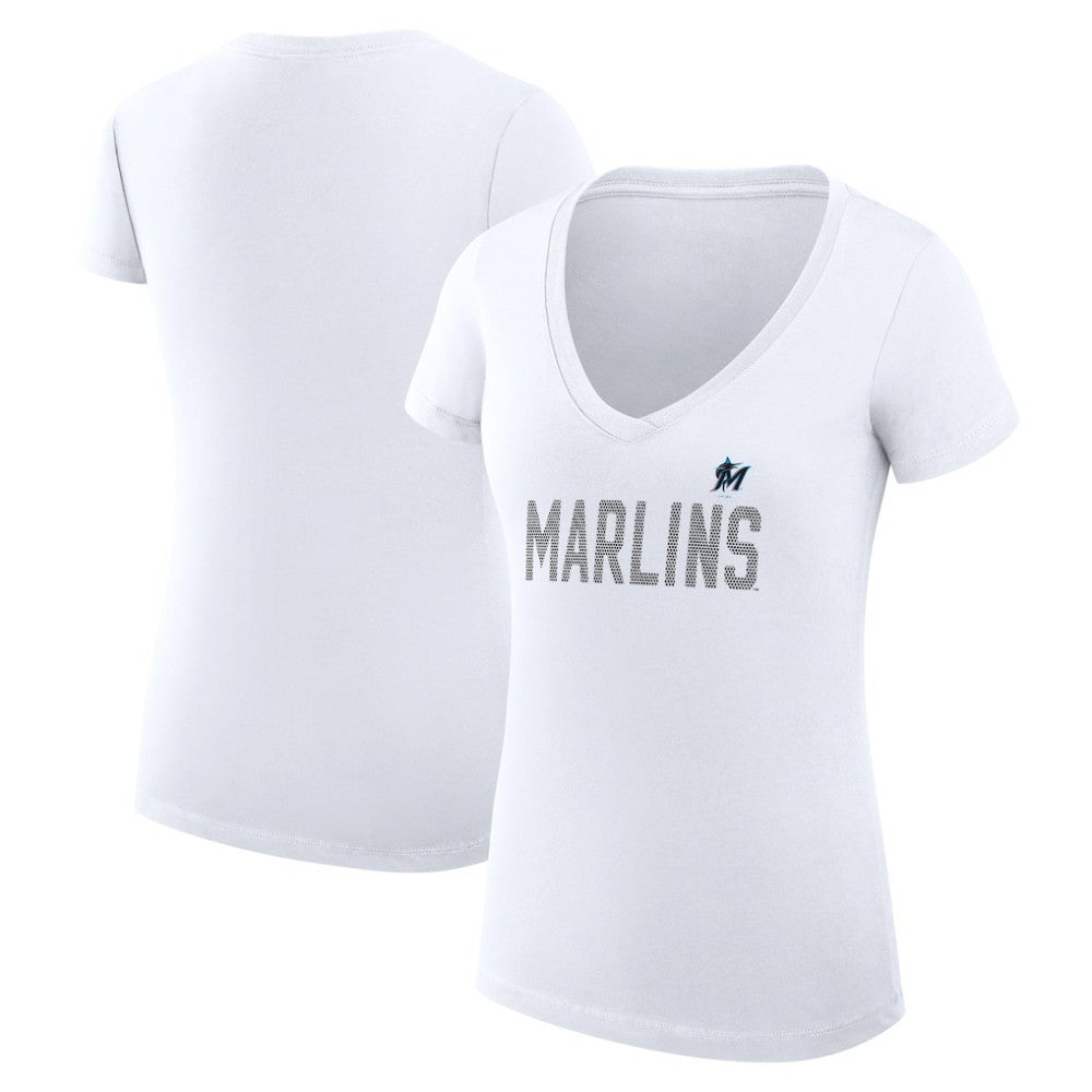 Miami Marlins G-III 4Her by Carl Banks Women's Super-Slim Fit Lightweight Dot Print V-Neck T-Shirt - White