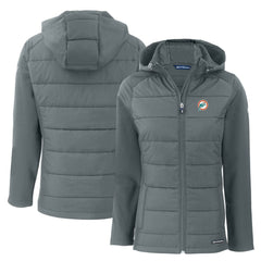 Miami Dolphins Cutter & Buck Women's Throwback Evoke Hybrid Eco Softshell Recycled Full-Zip Hoodie Jacket - Gray for sale