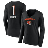 Ja'Marr Chase Cincinnati Bengals Women's Team Wordmark Player Name & Number Long Sleeve V-Neck T-Shirt - Black discount