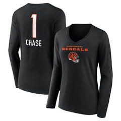 Ja'Marr Chase Cincinnati Bengals Women's Team Wordmark Player Name & Number Long Sleeve V-Neck T-Shirt - Black discount