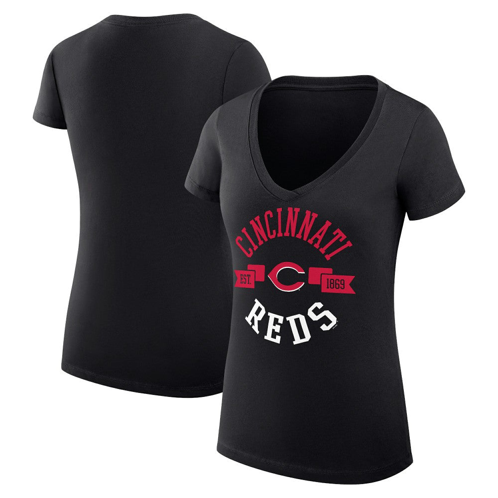 Cincinnati Reds G-III 4Her by Carl Banks Women's Super-Slim Fit Lightweight City Graphic V-Neck T-Shirt - Black