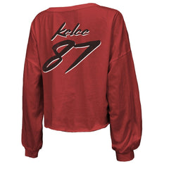 Travis Kelce Kansas City Chiefs Majestic Threads Women's Name & Number Off-Shoulder Script Cropped Long Sleeve V-Neck T-Shirt - Red online