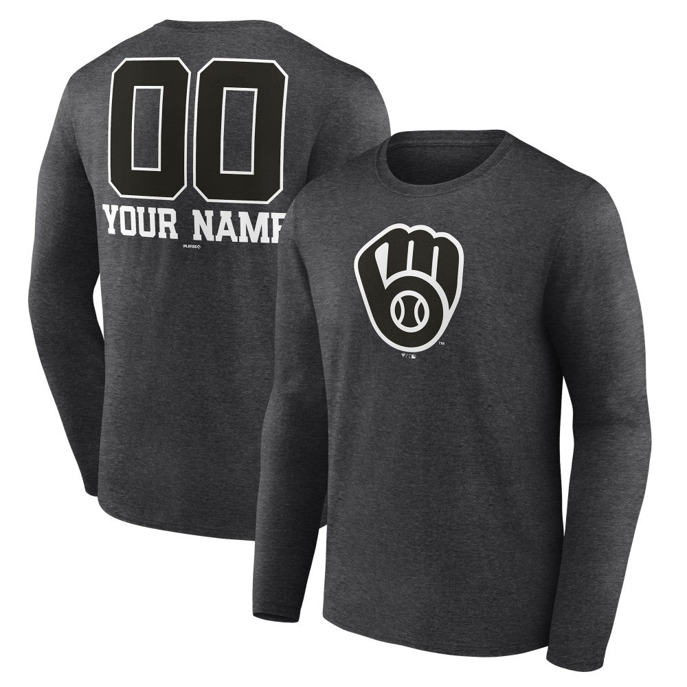 Milwaukee Brewers Personalized Monochrome Name & Number Long Sleeve T-Shirt - Charcoal
