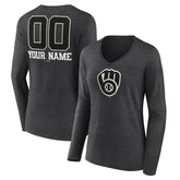 Milwaukee Brewers Women's Personalized Monochrome Name & Number Long Sleeve V-Neck T-Shirt - Charcoal