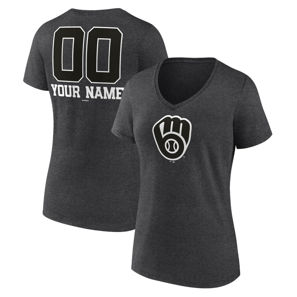 Milwaukee Brewers Women's Personalized Monochrome Name & Number V-Neck T-Shirt - Charcoal