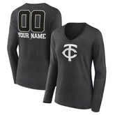 Minnesota Twins Women's Personalized Monochrome Name & Number Long Sleeve V-Neck T-Shirt - Charcoal