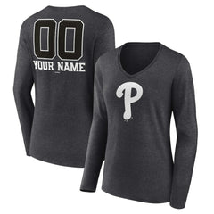 Philadelphia Phillies Women's Personalized Monochrome Name & Number Long Sleeve V-Neck T-Shirt - Charcoal