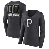 Pittsburgh Pirates Women's Personalized Monochrome Name & Number Long Sleeve V-Neck T-Shirt - Charcoal