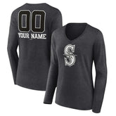 Seattle Mariners Women's Personalized Monochrome Name & Number Long Sleeve V-Neck T-Shirt - Charcoal