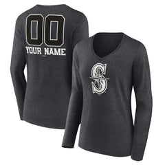 Seattle Mariners Women's Personalized Monochrome Name & Number Long Sleeve V-Neck T-Shirt - Charcoal