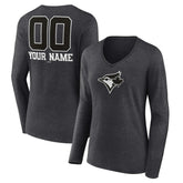 Toronto Blue Jays Women's Personalized Monochrome Name & Number Long Sleeve V-Neck T-Shirt - Charcoal