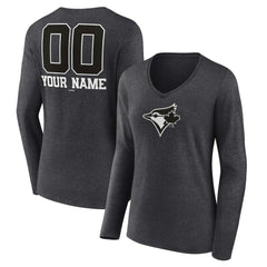 Toronto Blue Jays Women's Personalized Monochrome Name & Number Long Sleeve V-Neck T-Shirt - Charcoal