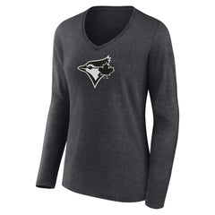 Toronto Blue Jays Women's Personalized Monochrome Name & Number Long Sleeve V-Neck T-Shirt - Charcoal