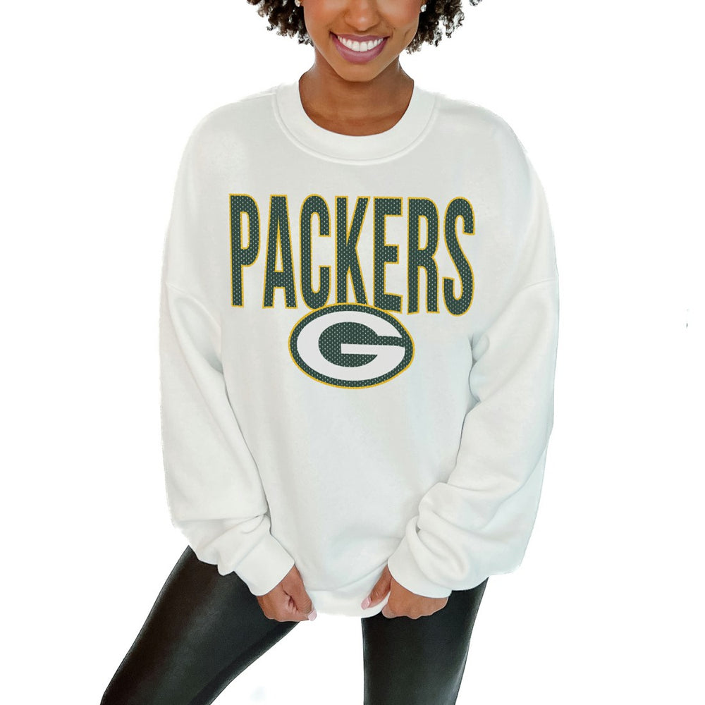 Green Bay Packers Gameday Couture Women's Just Go With It Oversized Long Sleeve Crewneck Sweatshirt – White discount