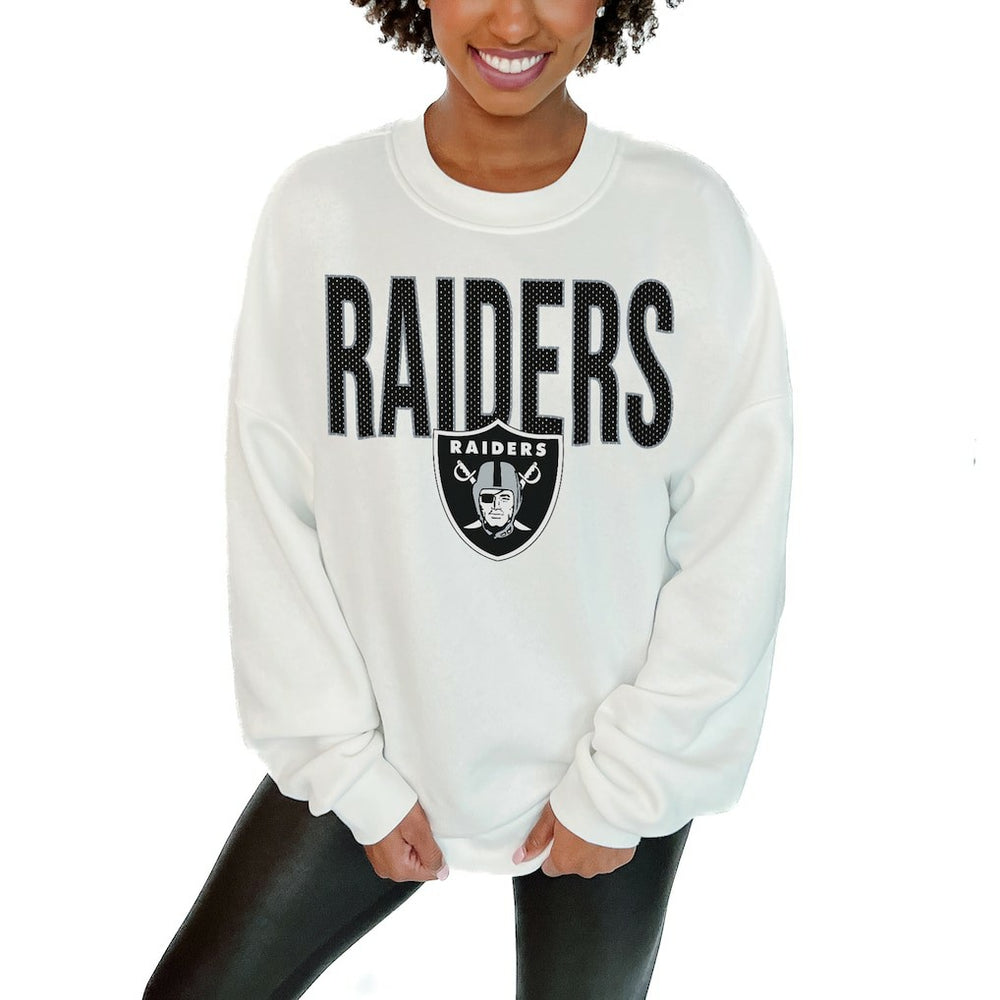 Las Vegas Raiders Gameday Couture Women's Just Go With It Oversized Long Sleeve Crewneck Sweatshirt – White sale