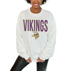 Minnesota Vikings Gameday Couture Women's Just Go With It Oversized Long Sleeve Crewneck Sweatshirt – White for sale