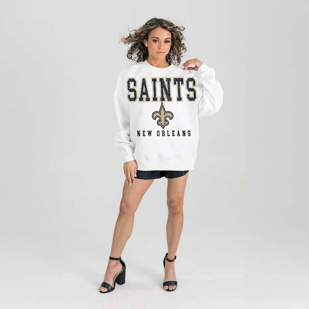 New Orleans Saints Gameday Couture Women's Sunday Drives Oversized Crewneck Pullover Sweatshirt – White for sale