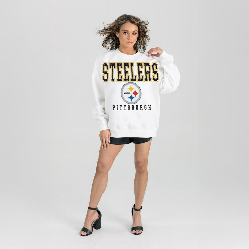 Pittsburgh Steelers Gameday Couture Women's Sunday Drives Oversized Crewneck Pullover Sweatshirt – White for sale