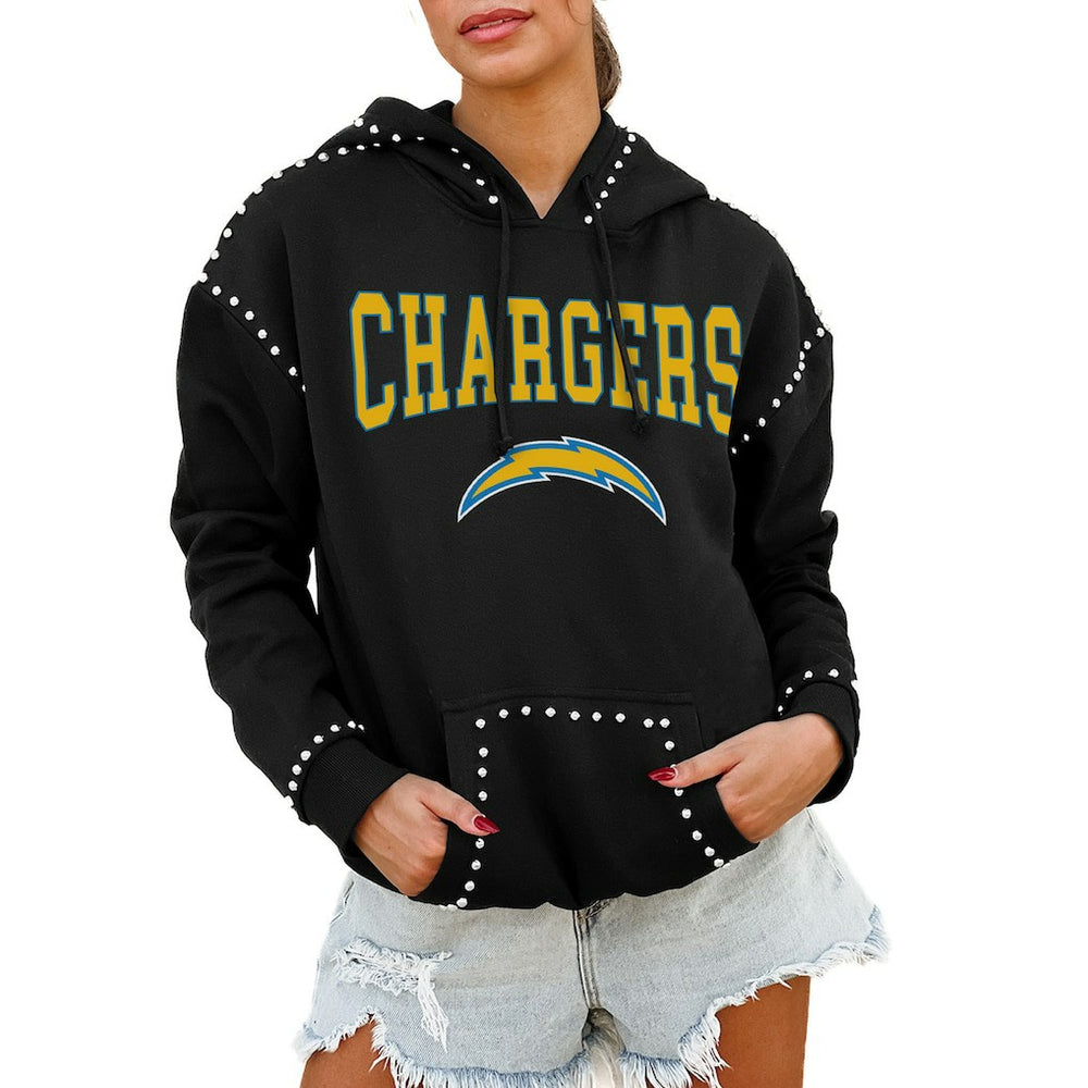 Los Angeles Chargers Gameday Couture Women's Oversized Catch the Vibe Studded Pullover Hoodie - Black discount