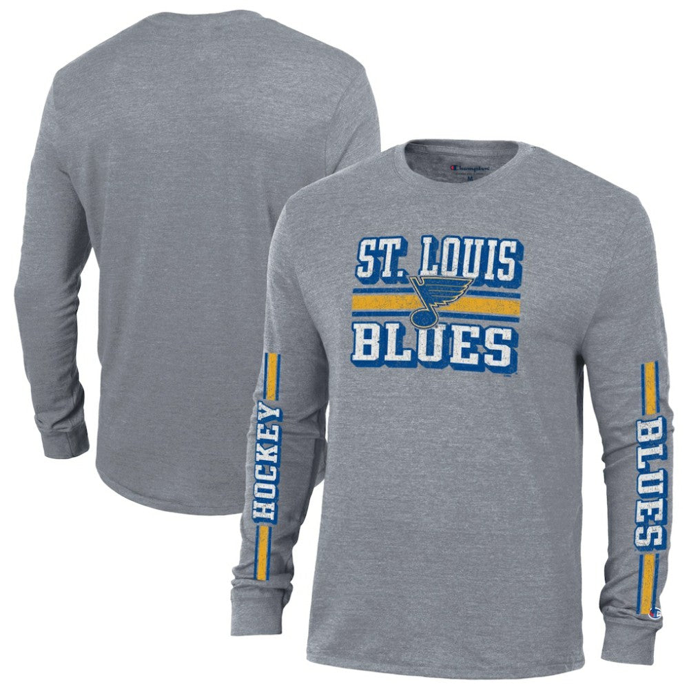 St. Louis Blues Champion Tri-Blend Dual-Stripe Long Sleeve T-Shirt Heather Gray
