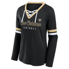New Orleans Saints Women's Won and Done Lace-Up Long Sleeve Fashion Top - Black on sale