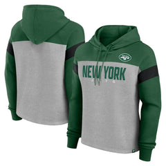 New York Jets Women's Bold Play Call Pullover Hoodie - Heather Gray/Green discount