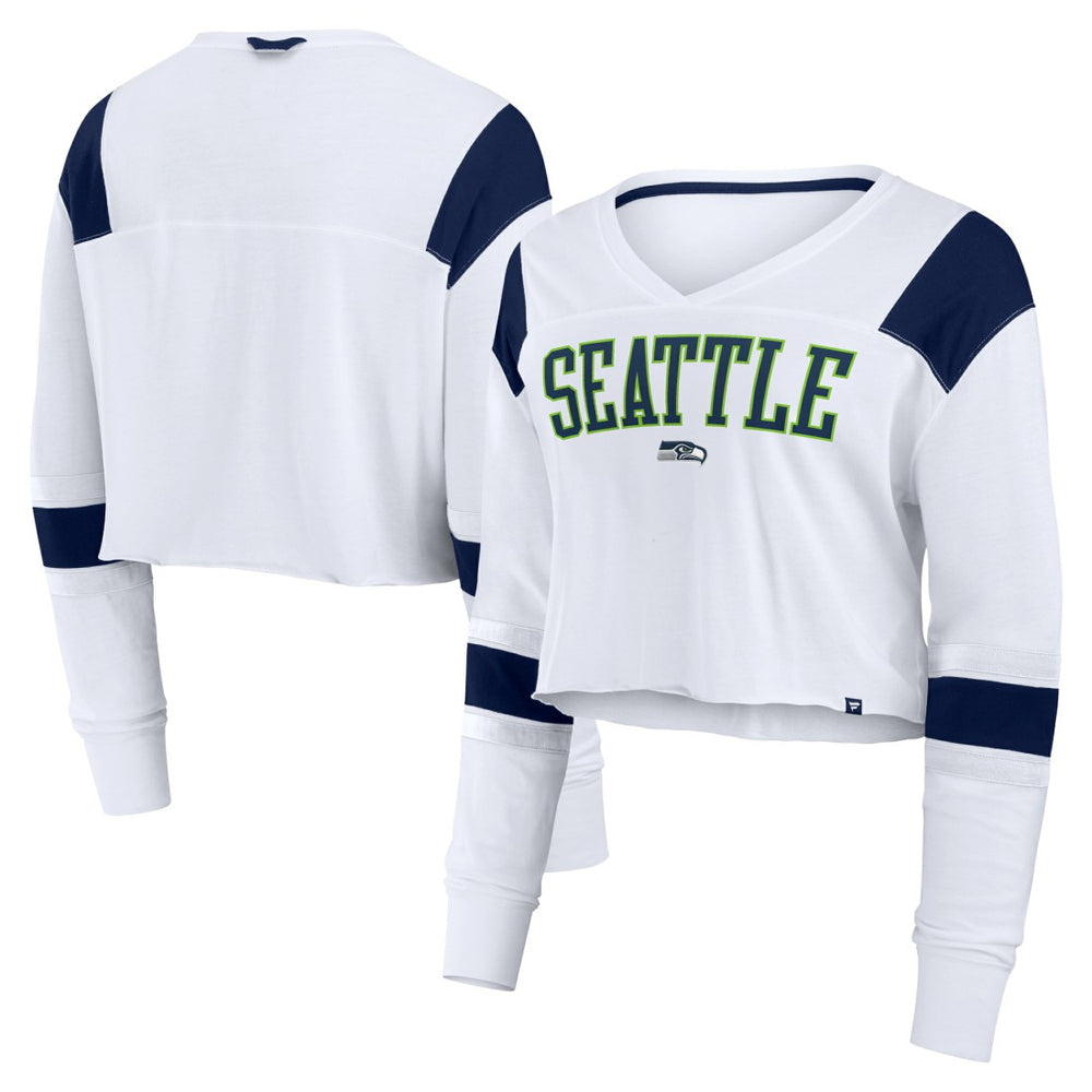 Seattle Seahawks Women's Stretch Cropped Fashion Long Sleeve T-Shirt - White discount