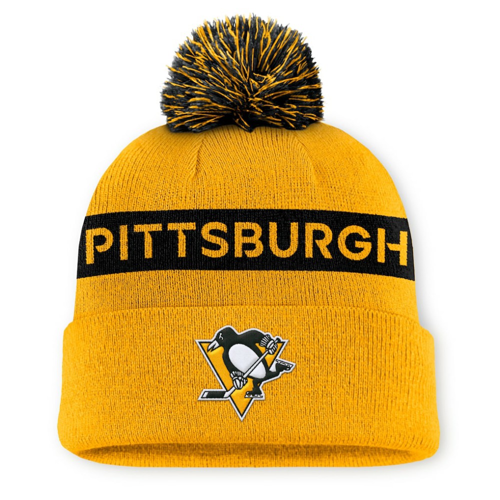 Pittsburgh Penguins Fanatics Women's Authentic Pro Rink Cuffed Knit Hat with Pom Gold/Black