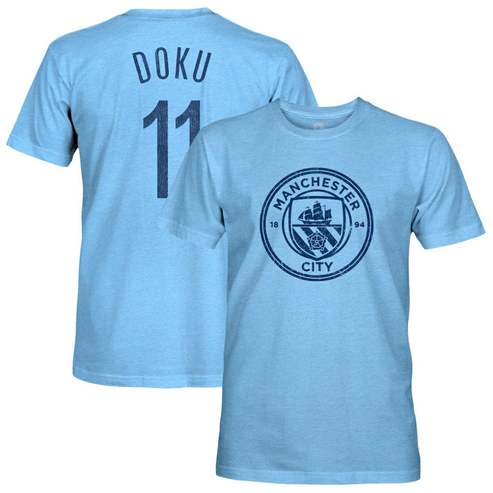 Jeremy Doku Manchester City 1863FC Player Name & Number Twisted Tri-Blend Slub T-Shirt - Sky Blue for sale