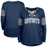 Dallas Cowboys New Era Women's Lace-Up Notch-Neck Long Sleeve T-Shirt - Navy outlet