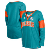 Miami Dolphins New Era Women's Lace-Up Notch-Neck Long Sleeve T-Shirt - Aqua discount