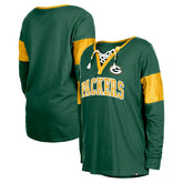 Green Bay Packers New Era Women's Lace-Up Notch-Neck Long Sleeve T-Shirt - Green outlet