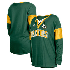 Green Bay Packers New Era Women's Lace-Up Notch-Neck Long Sleeve T-Shirt - Green outlet