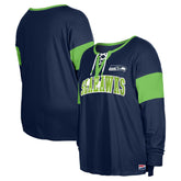 Seattle Seahawks New Era Women's Plus Size Lace-Up Notch Neck Long Sleeve T-Shirt - College Navy discount