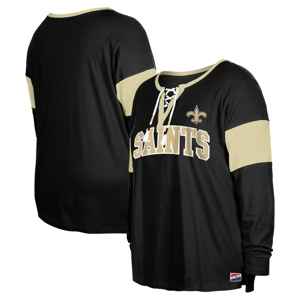 New Orleans Saints New Era Women's Plus Size Lace-Up Notch Neck Long Sleeve T-Shirt - Black discount