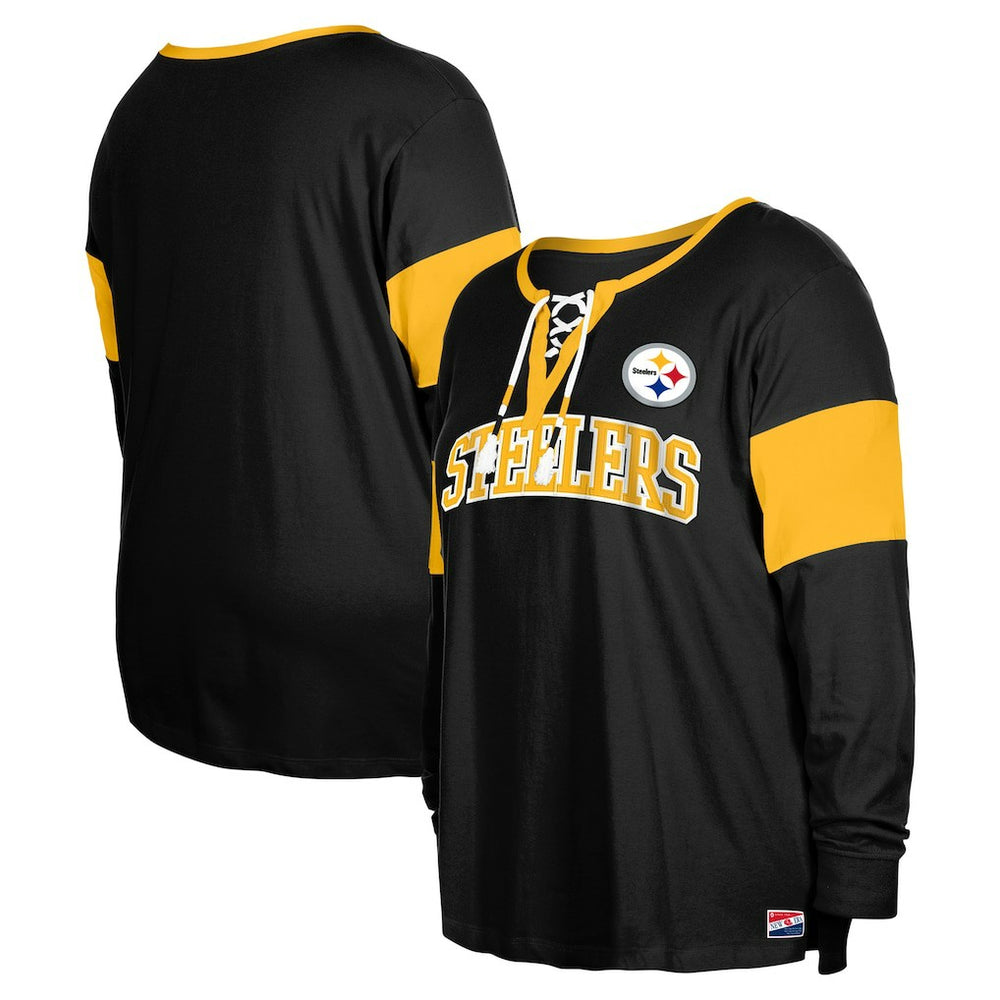 Pittsburgh Steelers New Era Women's Plus Size Lace-Up Notch Neck Long Sleeve T-Shirt - Black on sale