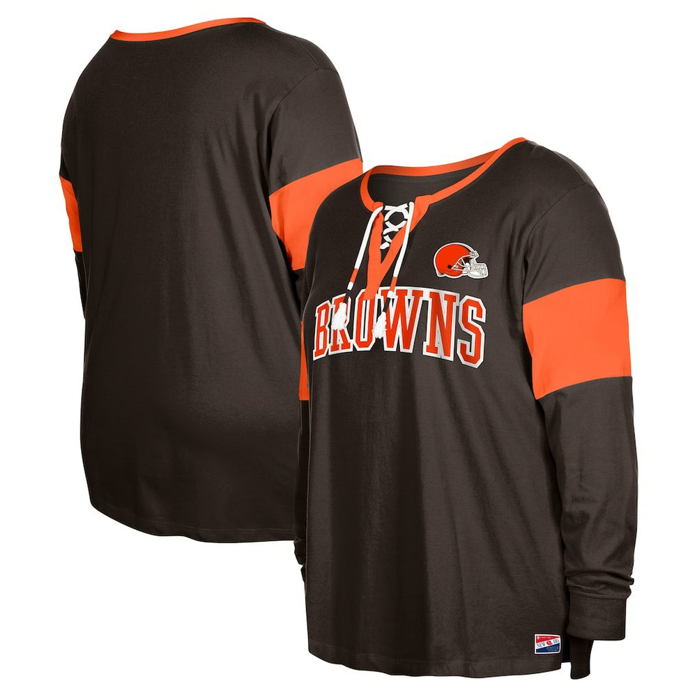 Cleveland Browns New Era Women's Plus Size Lace-Up Notch Neck Long Sleeve T-Shirt - Brown for sale