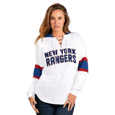 New York Rangers G-III 4Her by Carl Banks Women's Goal Zone Long Sleeve Lace-Up Hoodie T-Shirt White/Blue