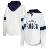 Seattle Kraken G-III 4Her by Carl Banks Women's Goal Zone Long Sleeve Lace-Up Hoodie T-Shirt White/Deep Sea Blue