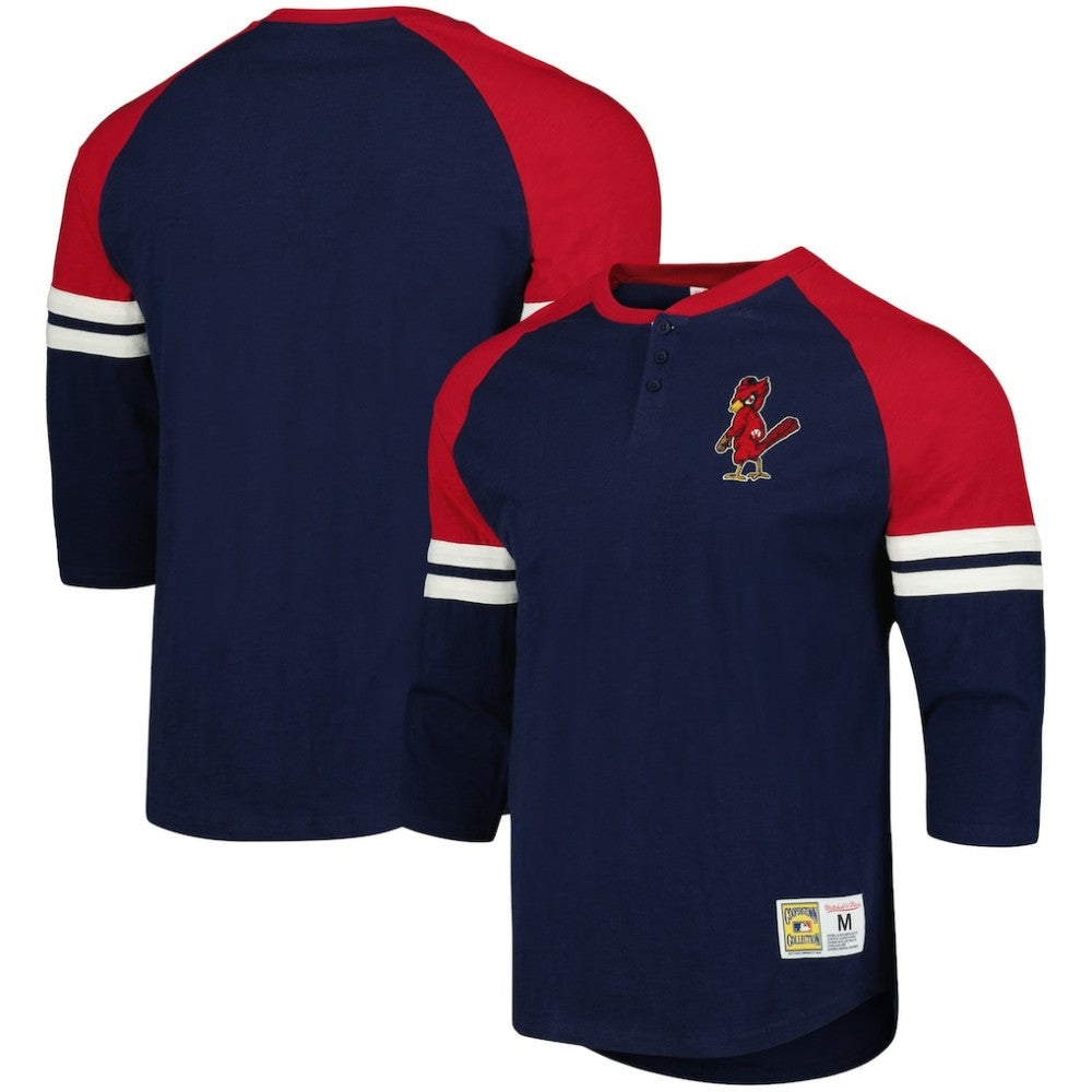 St. Louis Cardinals Cooperstown Collection Legendary Raglan Slub Henley Three-Quarter Sleeve T-Shirt - Navy | Mitchell & Ness